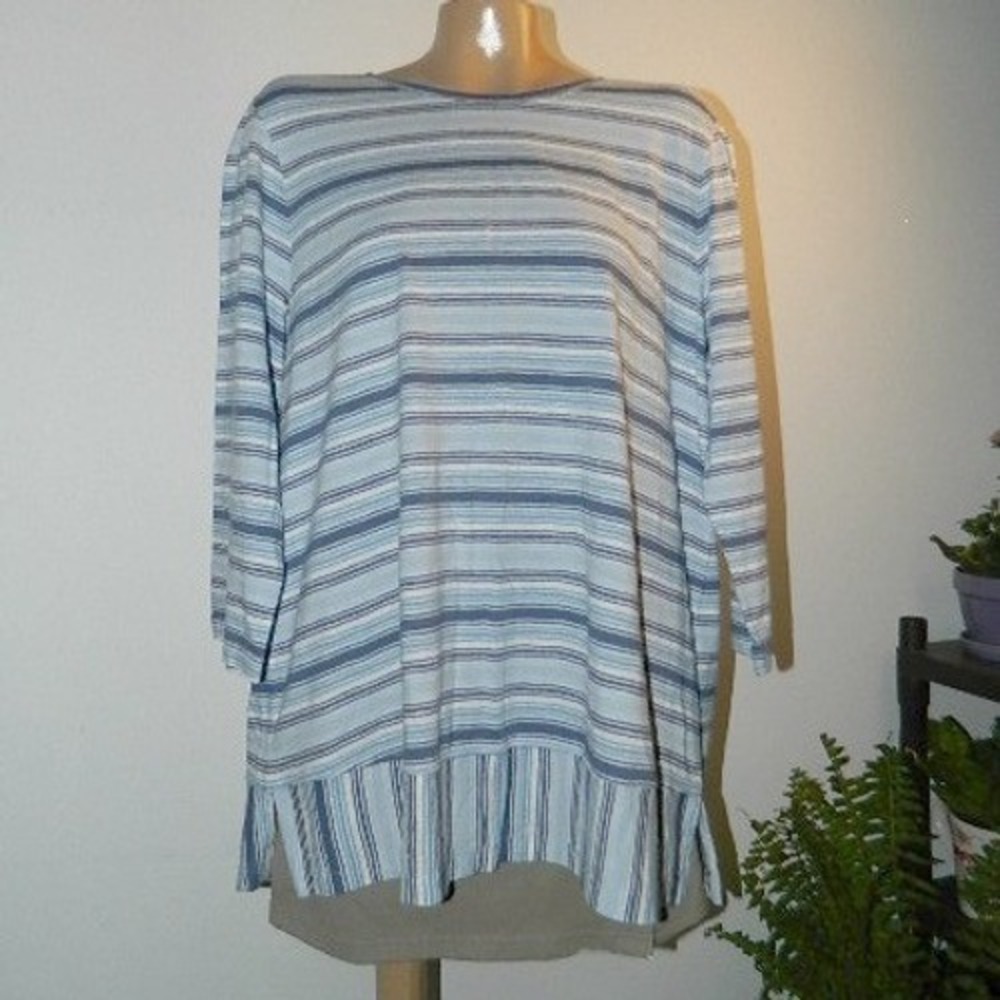Lands' End Tunic Top Womens Large Blue White Striped 3/4 Sleeve Cotton Crew Neck